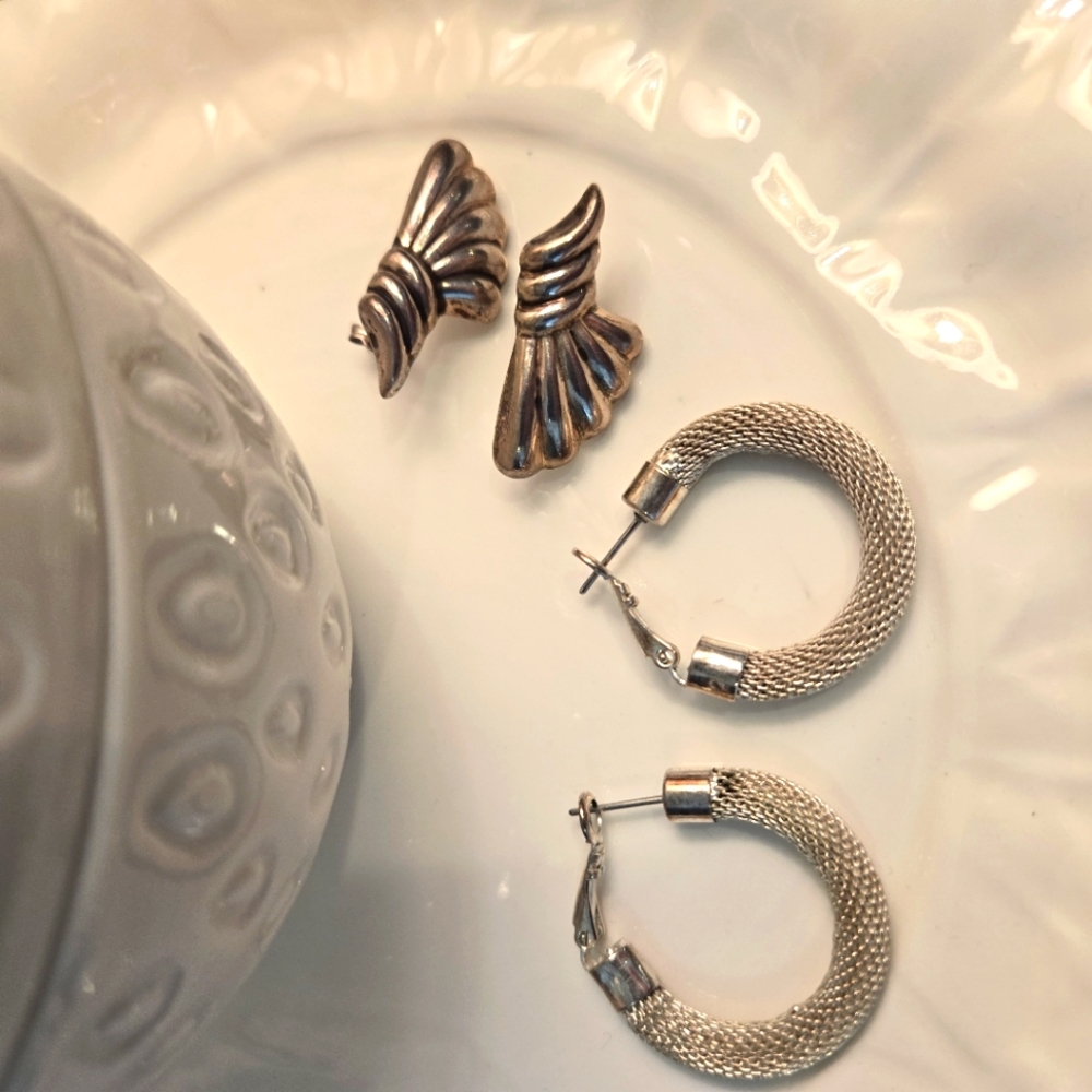 2 Pair Vintage Sterling Silver Earrings, Mesh Hoop & Art Deco Norwegian Wings